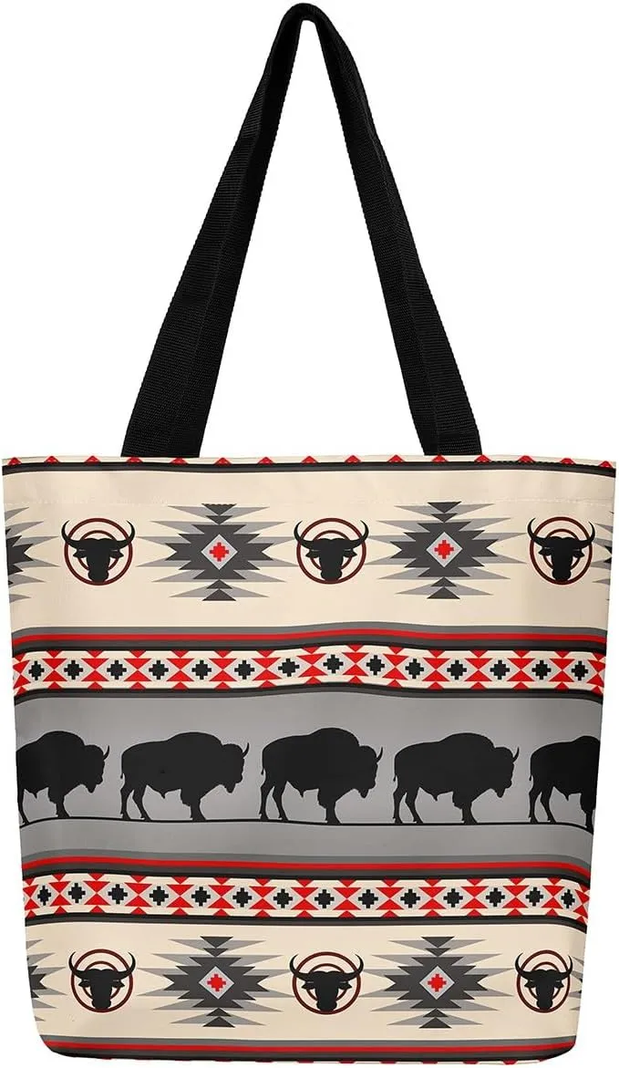 jejeloiu Buffalo Large Capacity Shoulder Handbags Wild Bison Canvas Tote Bags Wild Animal Wood Grain Travel Bag 16"x20"