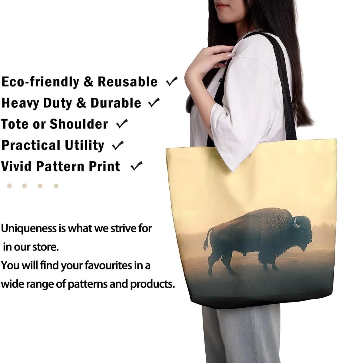 jejeloiu Buffalo Large Capacity Shoulder Handbags Wild Bison Canvas Tote Bags Wild Animal Wood Grain Travel Bag 16"x20"