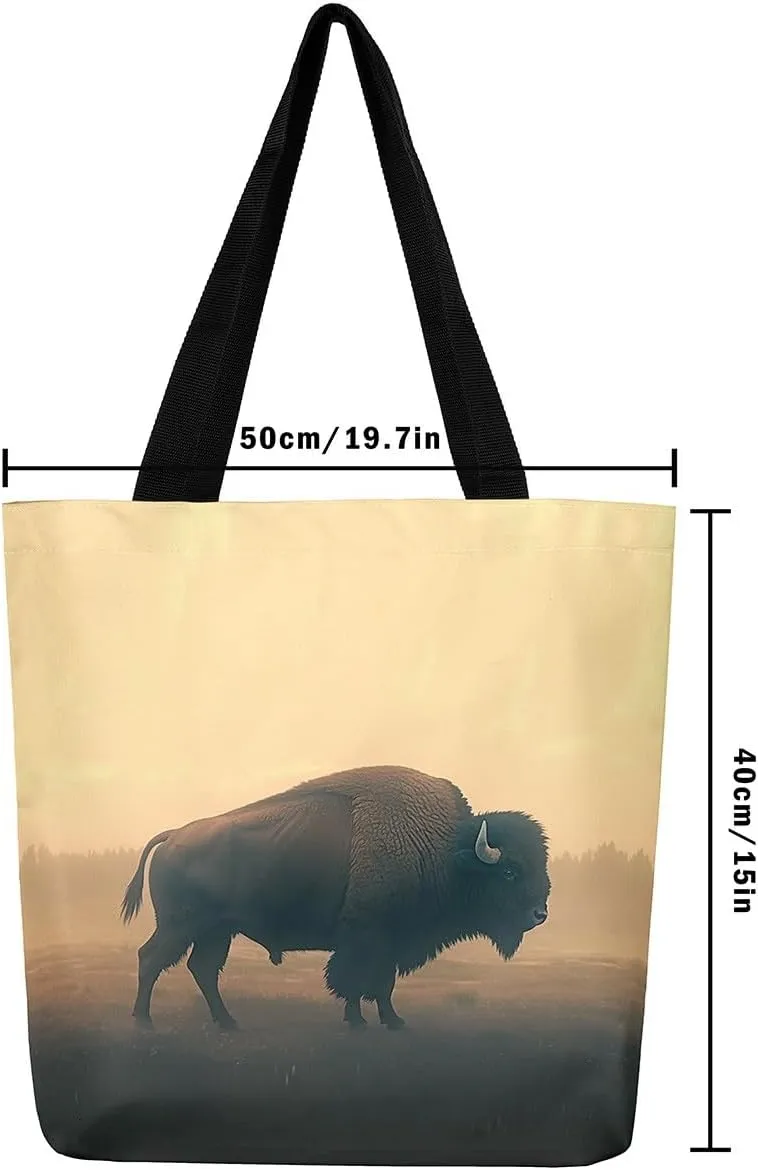 jejeloiu Buffalo Large Capacity Shoulder Handbags Wild Bison Canvas Tote Bags Wild Animal Wood Grain Travel Bag 16"x20"