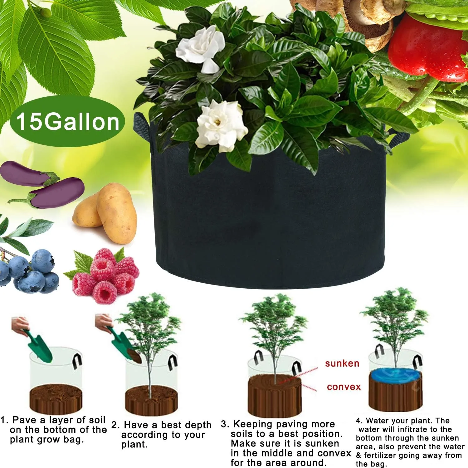 JES&MEDIS 6-Pack 15 Gallon Plant Grow Bags Thick Aeration Non Woven Fabric Flower Vegetable Pots with Handles Garden Container Black (15 Gallon_6 Pack)