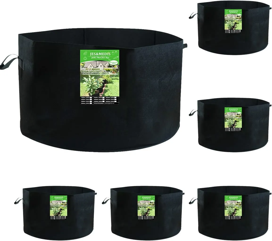 JES&MEDIS 6-Pack 45 Gallon Plant Grow Bags Thick Aeration Non Woven Fabric Flower Vegetable Pots with Handles Garden Container Black (45 Gallon_6 Pack)