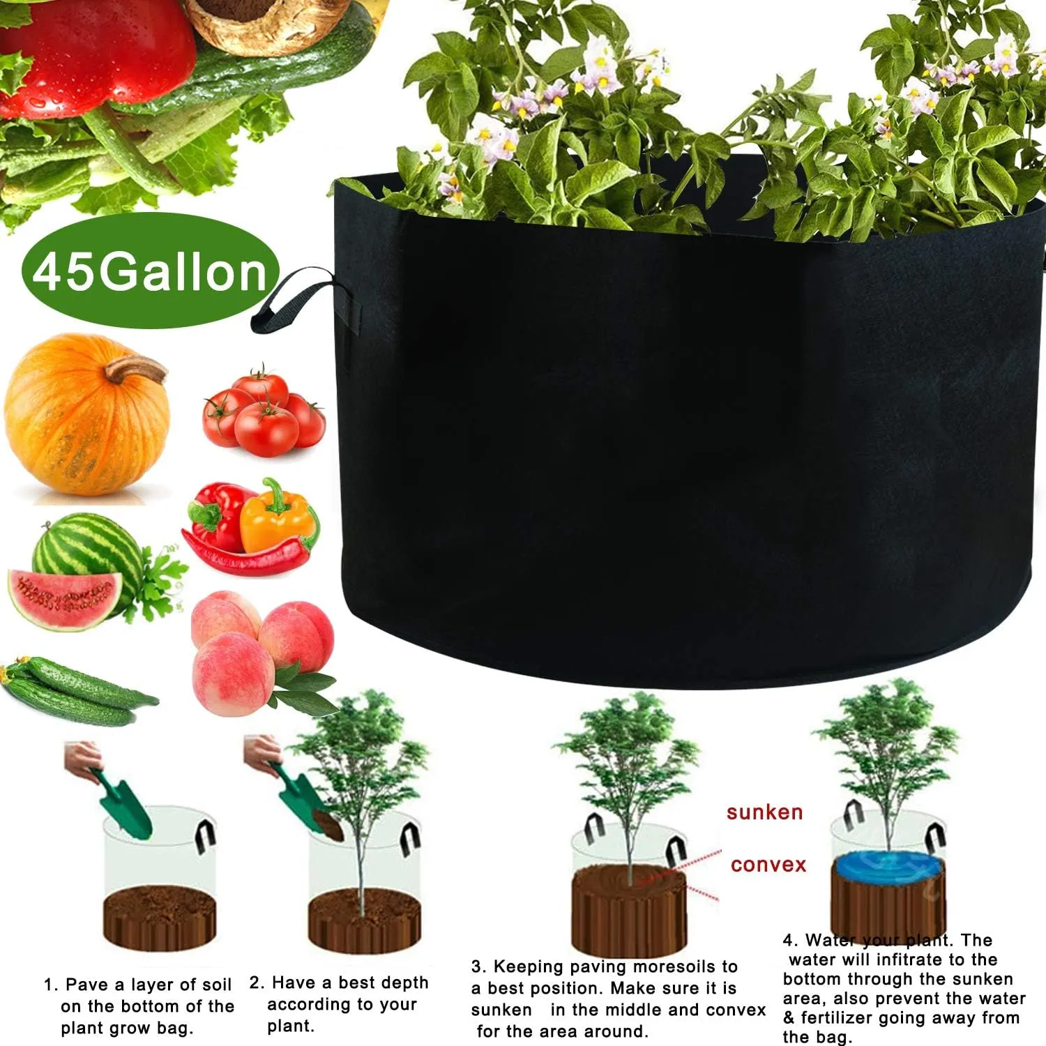 JES&MEDIS 6-Pack 45 Gallon Plant Grow Bags Thick Aeration Non Woven Fabric Flower Vegetable Pots with Handles Garden Container Black (45 Gallon_6 Pack)