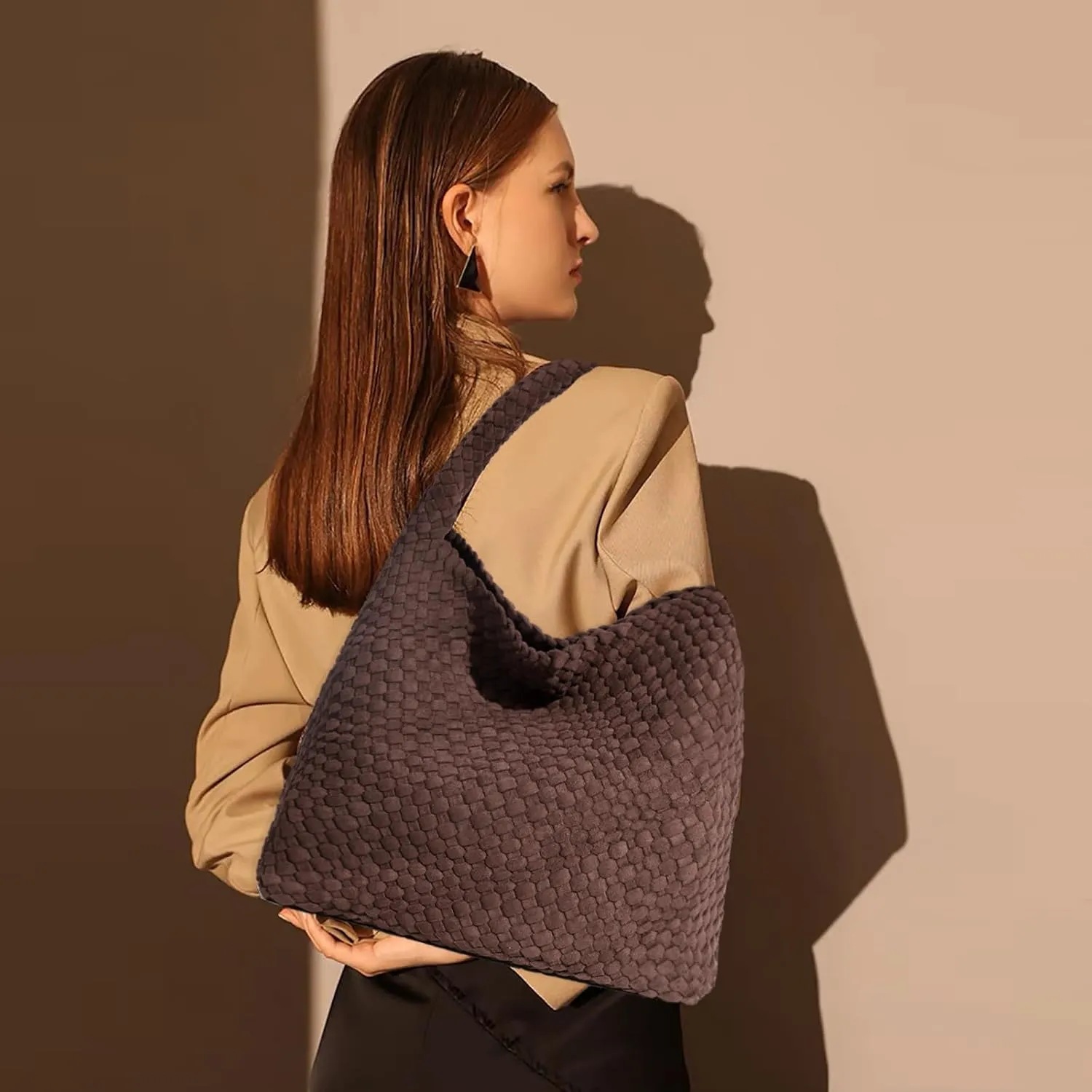 JINMANXUE Woven Purse for Women, Neoprene Top-handle Shoulder Bag, Hobo Tote, Travel Handbag, Wrist Bag For Work Shopping