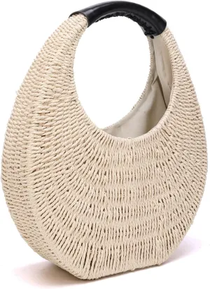 JOLLQUE Straw Bag for Women,Summer Hand Woven Small Hobo Handbag Purse,Solid Round Top-Handle Clutch for Beach Straw Bags
