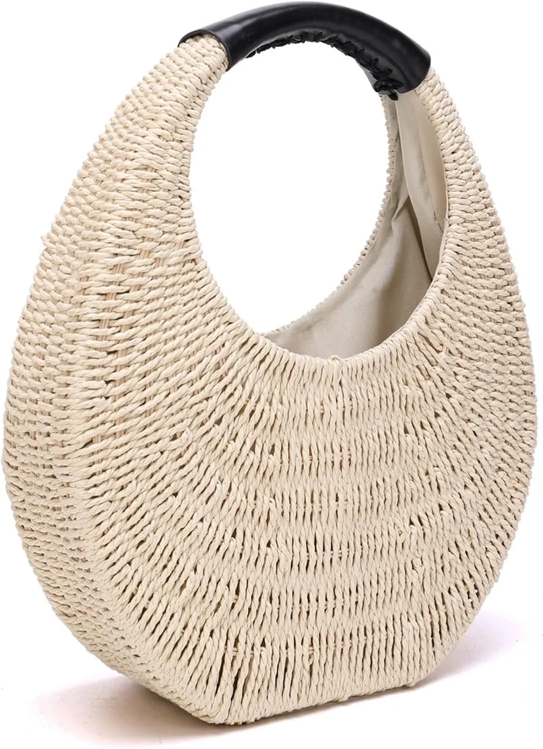 JOLLQUE Straw Bag for Women,Summer Hand Woven Small Hobo Handbag Purse,Solid Round Top-Handle Clutch for Beach Straw Bags