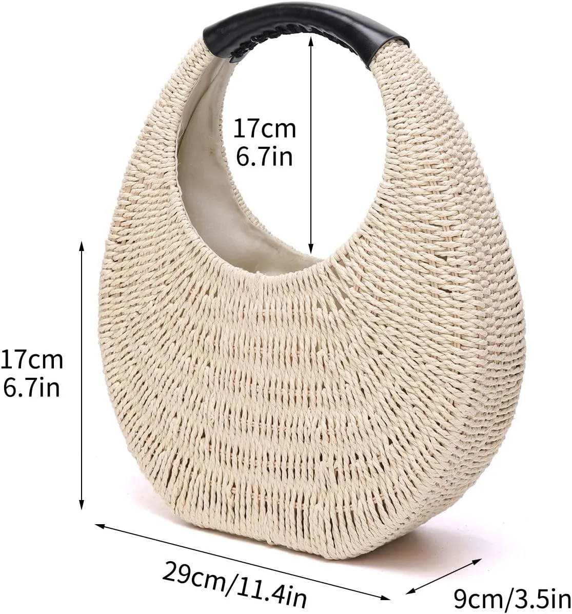 JOLLQUE Straw Bag for Women,Summer Hand Woven Small Hobo Handbag Purse,Solid Round Top-Handle Clutch for Beach Straw Bags