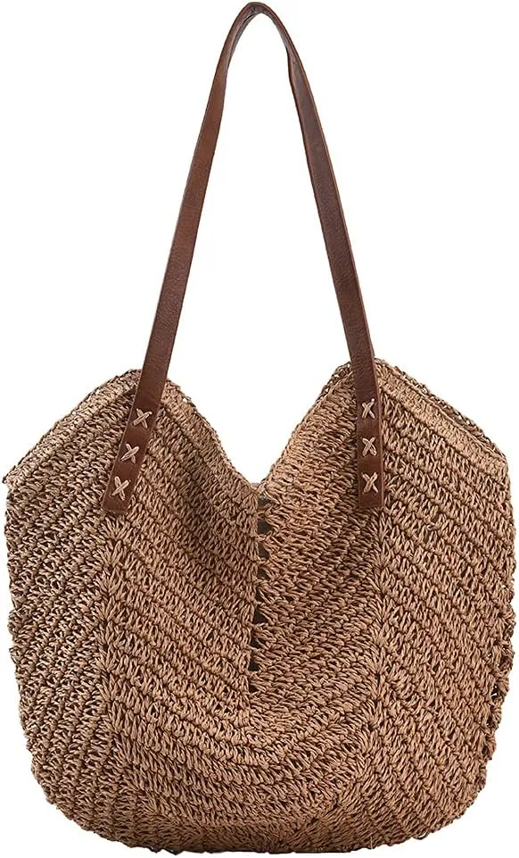 JQWSVE Straw Bag for Women Summer Beach Bag Soft Woven Tote Bag Large Rattan Shoulder Bag for Vacation