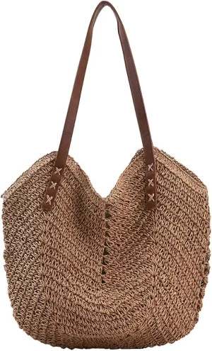 JQWSVE Straw Bag for Women Summer Beach Bag Soft Woven Tote Bag Large Rattan Shoulder Bag for Vacation