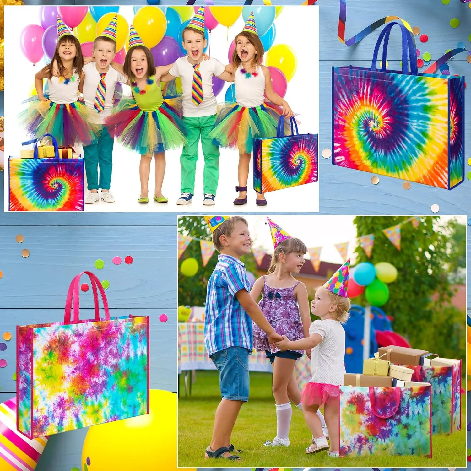 Kajaia 4 Pcs Extra Large Tie Dye Party Birthday Gift Bags 20 x 16 Inch Jumbo Gift Bag Large Tote Bag with Handles Reusable Non Woven Gift Bags Gift for Birthday Baby Shower Party Favor Supplies