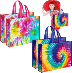 Kajaia 4 Pcs Extra Large Tie Dye Party Birthday Gift Bags 20 x 16 Inch Jumbo Gift Bag Large Tote Bag with Handles Reusable Non Woven Gift Bags Gift for Birthday Baby Shower Party Favor Supplies