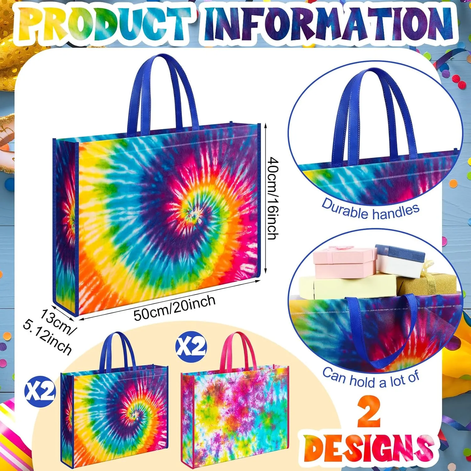 Kajaia 4 Pcs Extra Large Tie Dye Party Birthday Gift Bags 20 x 16 Inch Jumbo Gift Bag Large Tote Bag with Handles Reusable Non Woven Gift Bags Gift for Birthday Baby Shower Party Favor Supplies