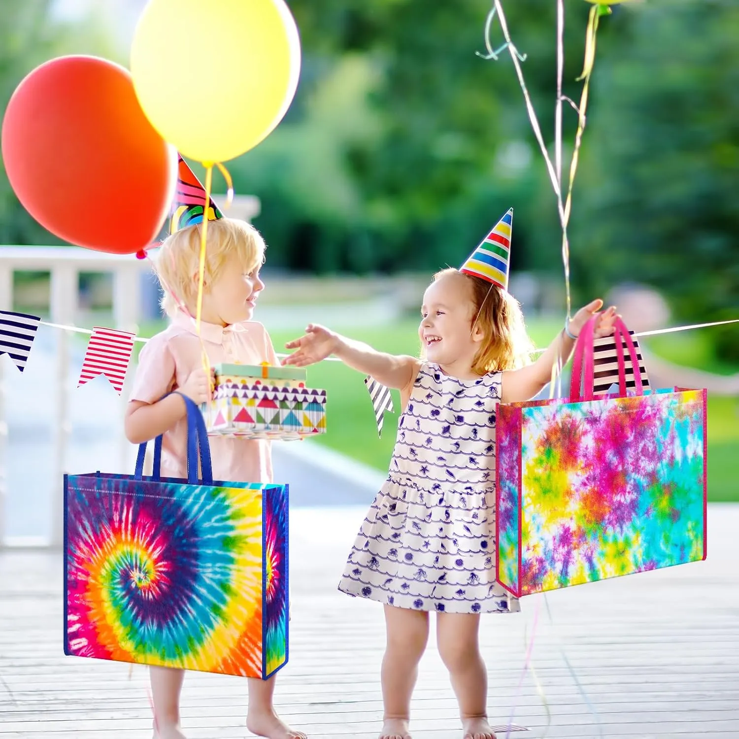 Kajaia 4 Pcs Extra Large Tie Dye Party Birthday Gift Bags 20 x 16 Inch Jumbo Gift Bag Large Tote Bag with Handles Reusable Non Woven Gift Bags Gift for Birthday Baby Shower Party Favor Supplies