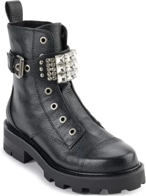 KARL LAGERFELD Women's Lug-Sole Maeva Combat Boot with Crystal Detail