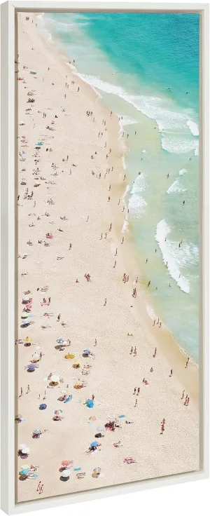 Kate and Laurel Sylvie Crowded Beach from Above Framed Canvas Wall Art by Amy Peterson Art Studio, 18x40 White, Coastal Beach Landscape Art for Wall