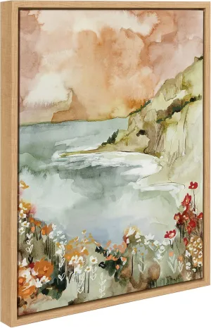 Kate and Laurel Sylvie Landscape 04 Framed Canvas Wall Art by Annie Quigley, 18x24 Natural, Soft Watercolor Nature Landscape with Lake Art for Wall Décor