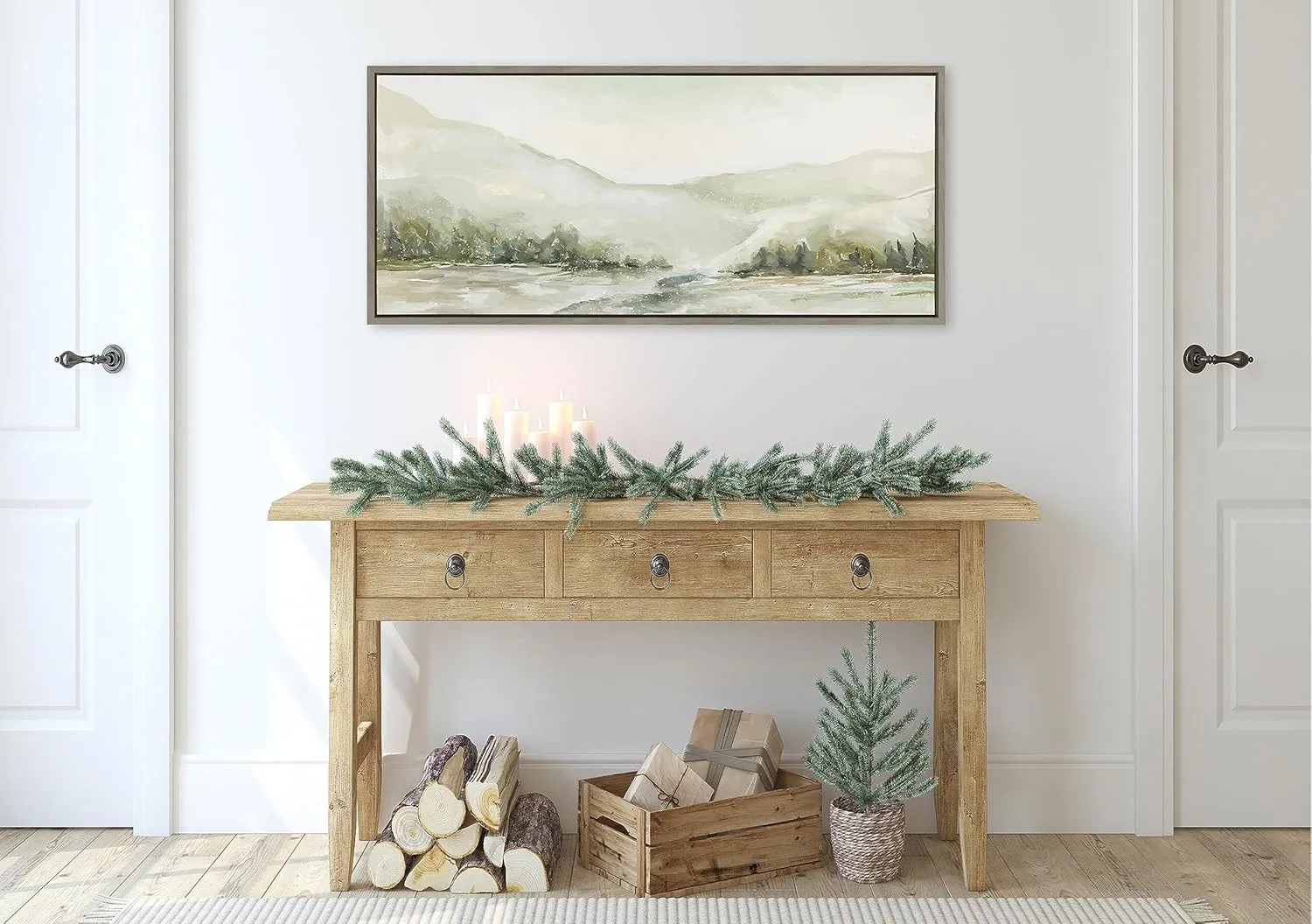 Kate and Laurel Sylvie Winter Landscape 6 Framed Canvas Wall Art by Annie Quigley, 18x40 Gray, Nature Holiday Snow Art for Wall
