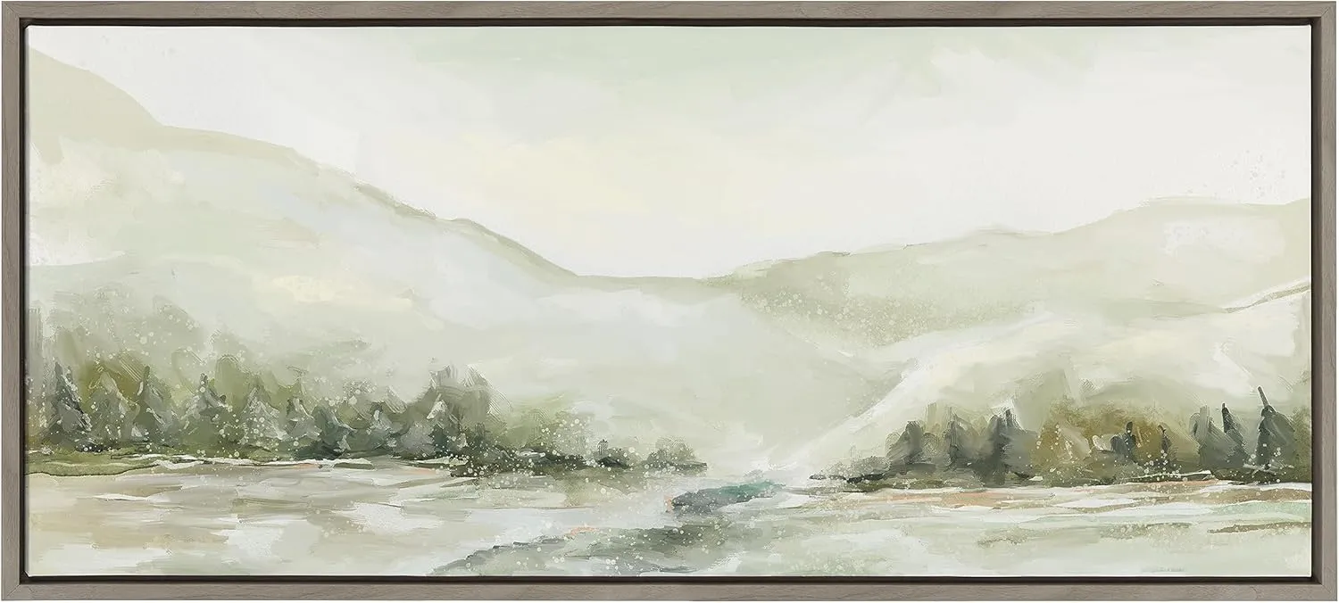 Kate and Laurel Sylvie Winter Landscape 6 Framed Canvas Wall Art by Annie Quigley, 18x40 Gray, Nature Holiday Snow Art for Wall