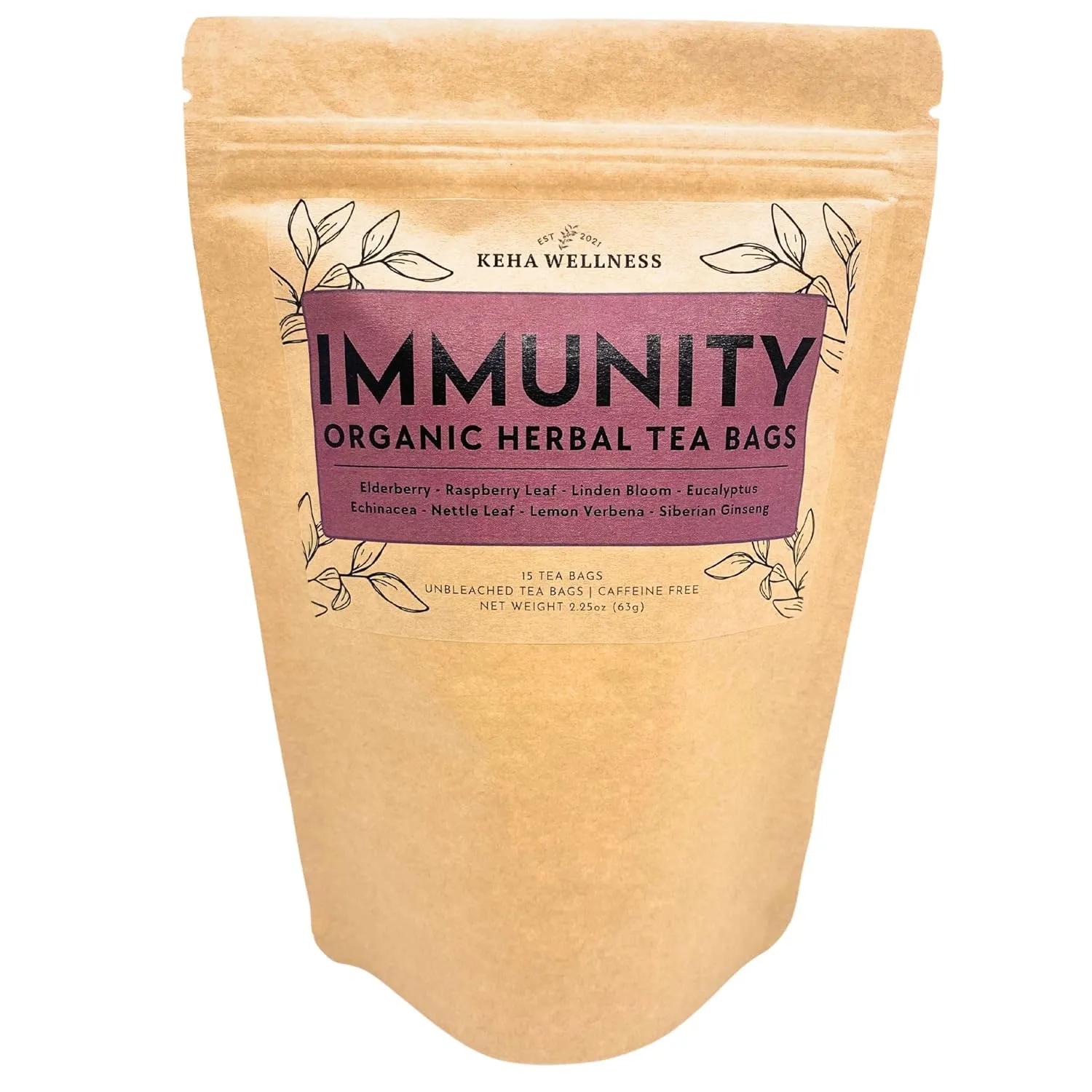 Keha Wellness Organic Immunity Herbal Tea Bags 15 Tea Bags Extra Full & Extra Flavor Caffeine Free Immune Support Tea Wellness Tea Cold & Flu Elderberry Echinacea Tea Made in the USA