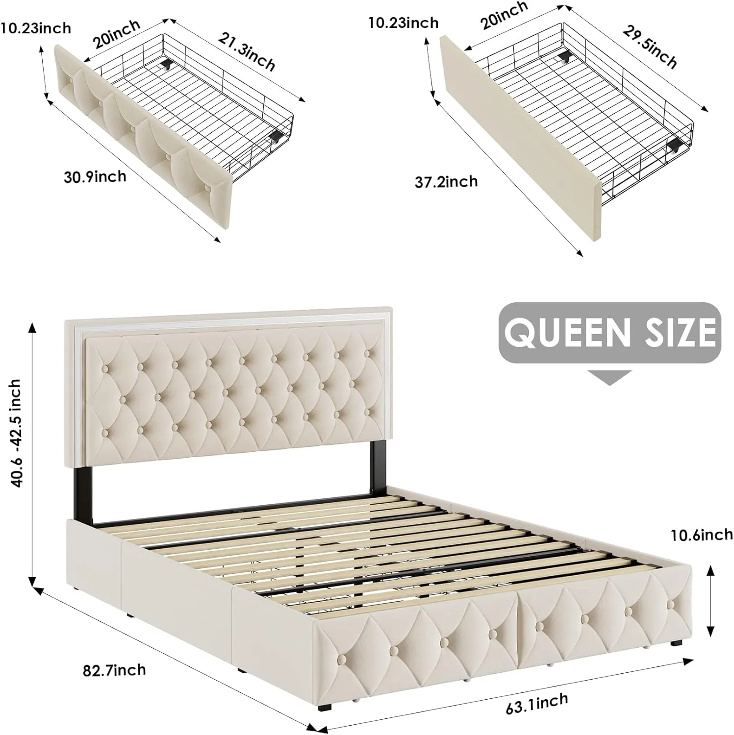 Keyluv Queen Upholstered LED Bed Frame with 4 Drawers, Velvet Platform Storage Bed with Adjustable Button Tufted Headboard and Solid Wooden Slats Support, No Box Spring Needed, Beige