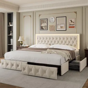 Keyluv Queen Upholstered LED Bed Frame with 4 Drawers, Velvet Platform Storage Bed with Adjustable Button Tufted Headboard and Solid Wooden Slats Support, No Box Spring Needed, Beige