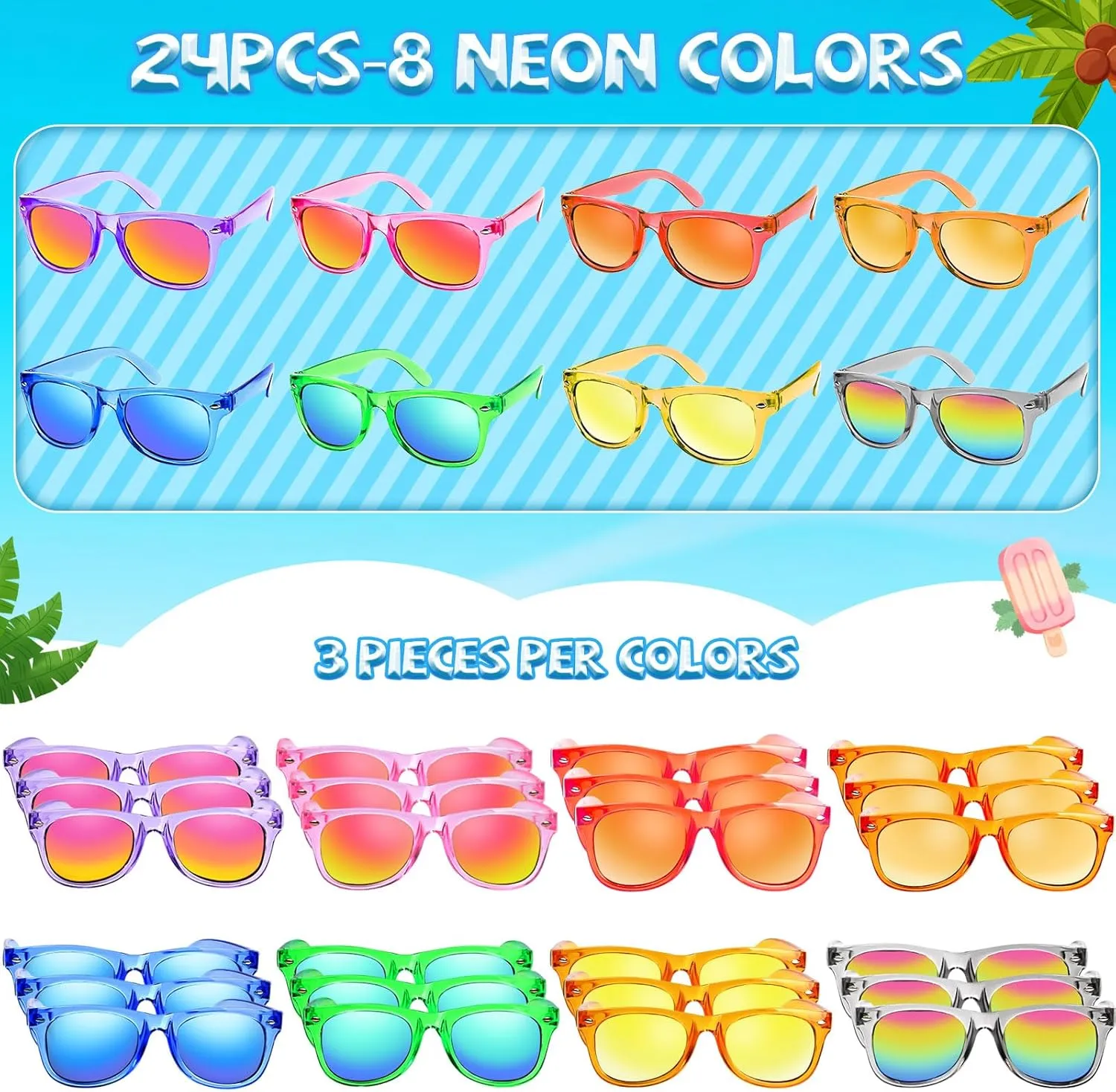 Kids Sunglasses Bulk Party Favors - 24 Packs Boys Girls Sunglasses for Kids Age 3-8 with UV 400 Protection, Neon Sunglasses for Kids Birthday Party