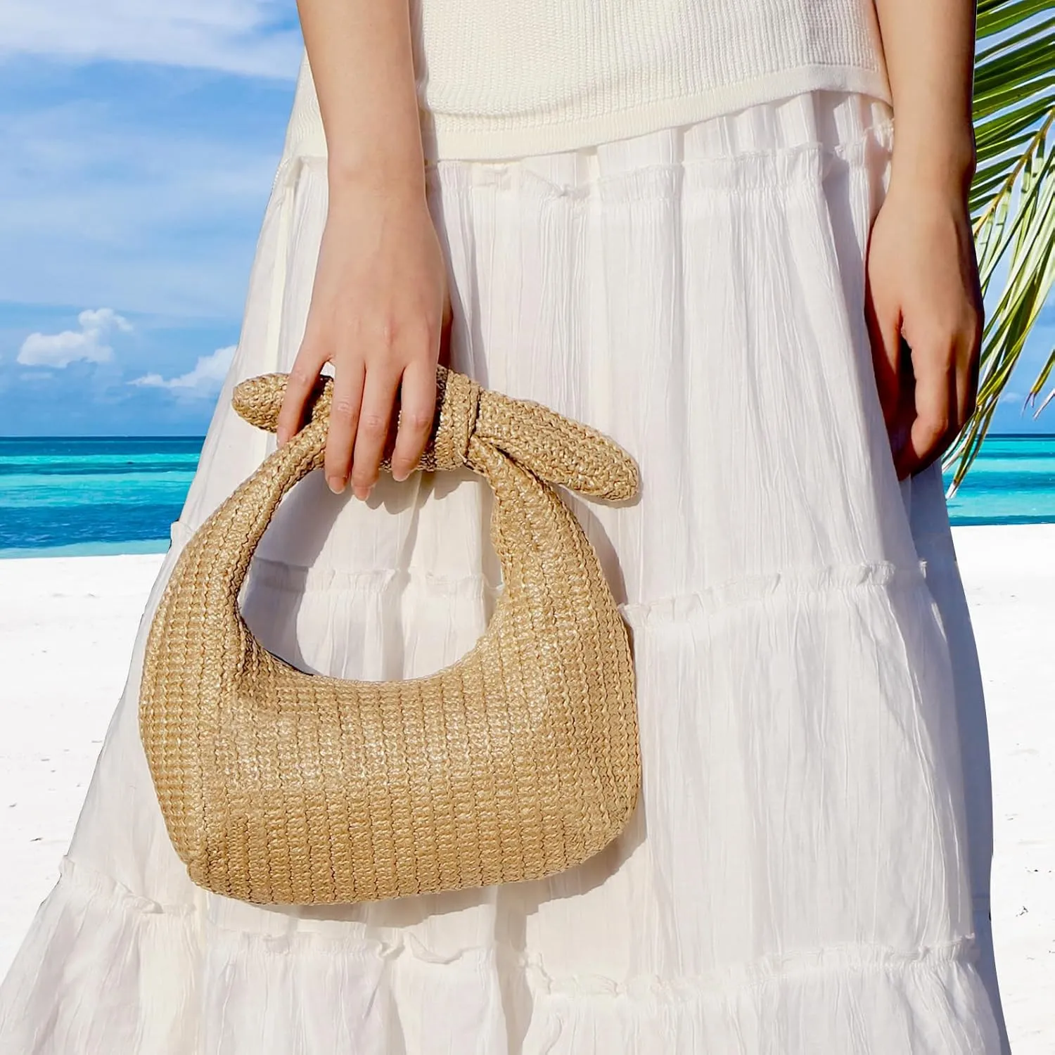 Knotted Straw Clutch Purse Bow Summer Beach Bag Dumpling Evening Handbag