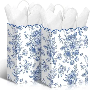 Kolldenn 24 Pcs Blue Floral Party Favor Bags with Handles Scalloped Wildflower Goodie Candy Gift Treat Bags for Birthday Decoration for Bridal Baby Shower Party Supplie