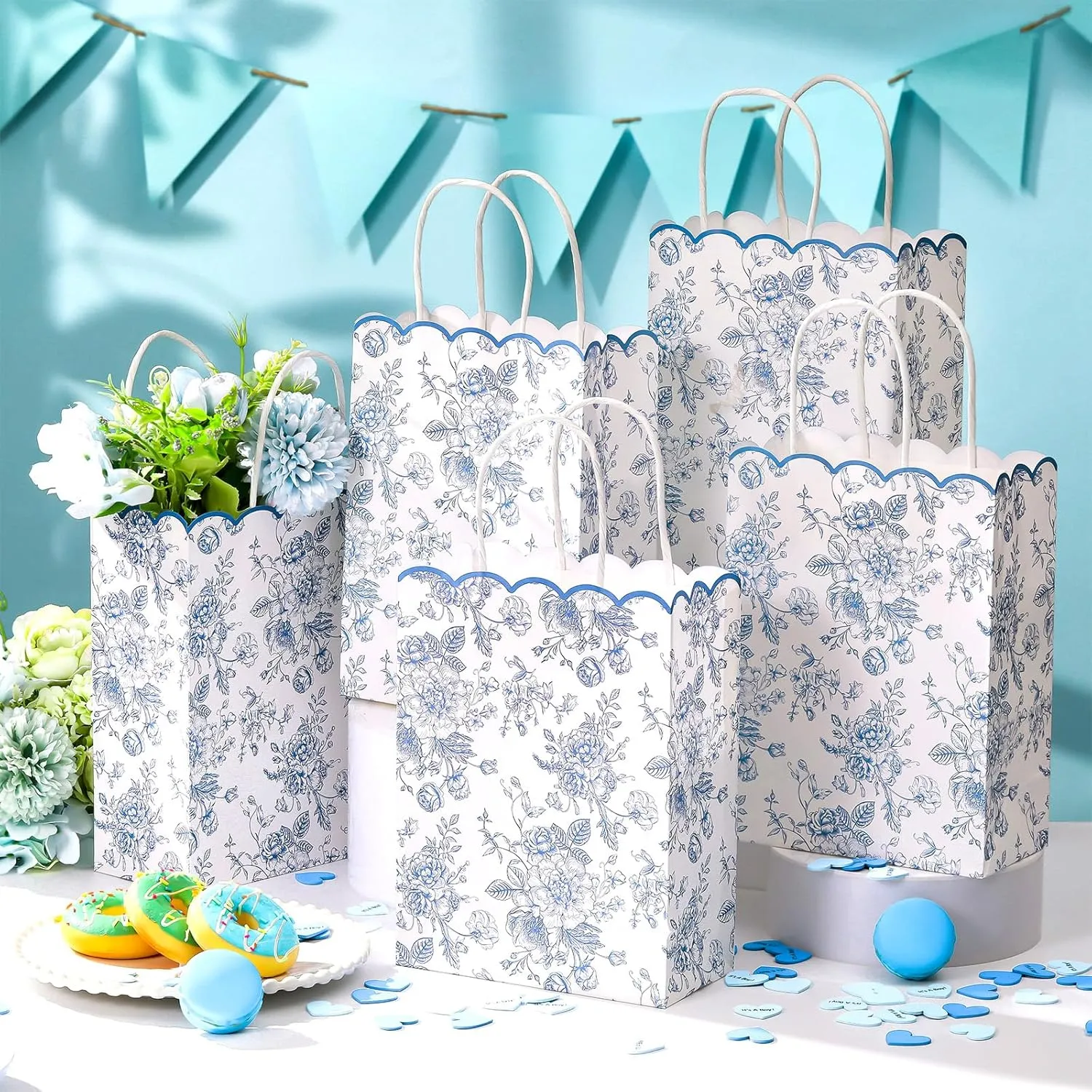 Kolldenn 24 Pcs Blue Floral Party Favor Bags with Handles Scalloped Wildflower Goodie Candy Gift Treat Bags for Birthday Decoration for Bridal Baby Shower Party Supplie