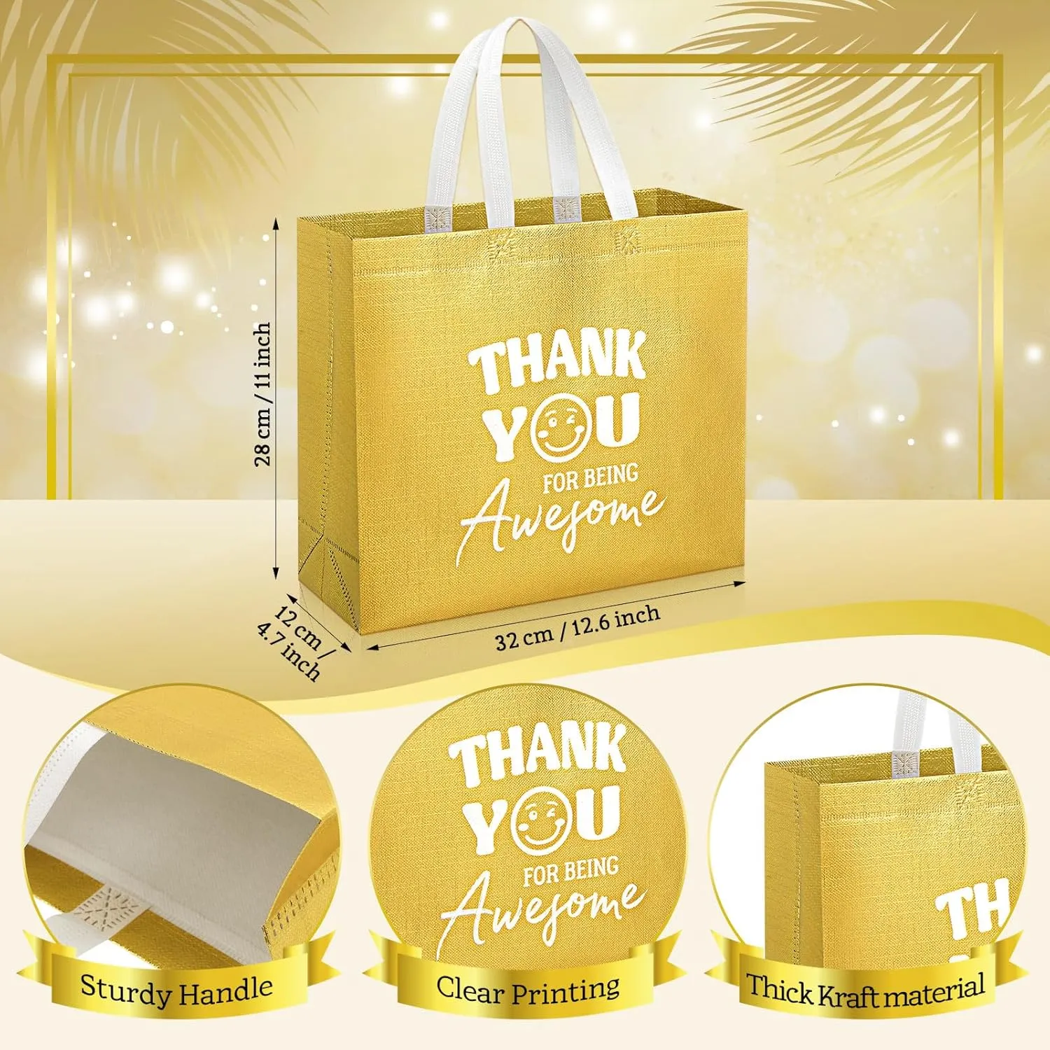 Kolldenn 24 Pcs Employee Appreciation Gift Bags 12.6 x 11 x 4.7'' Thank You Gift Bag with Handle Thank You Party Favor for Staff Coworker Graduate Colleague Mother Teacher Volunteer Retiree(Gold)
