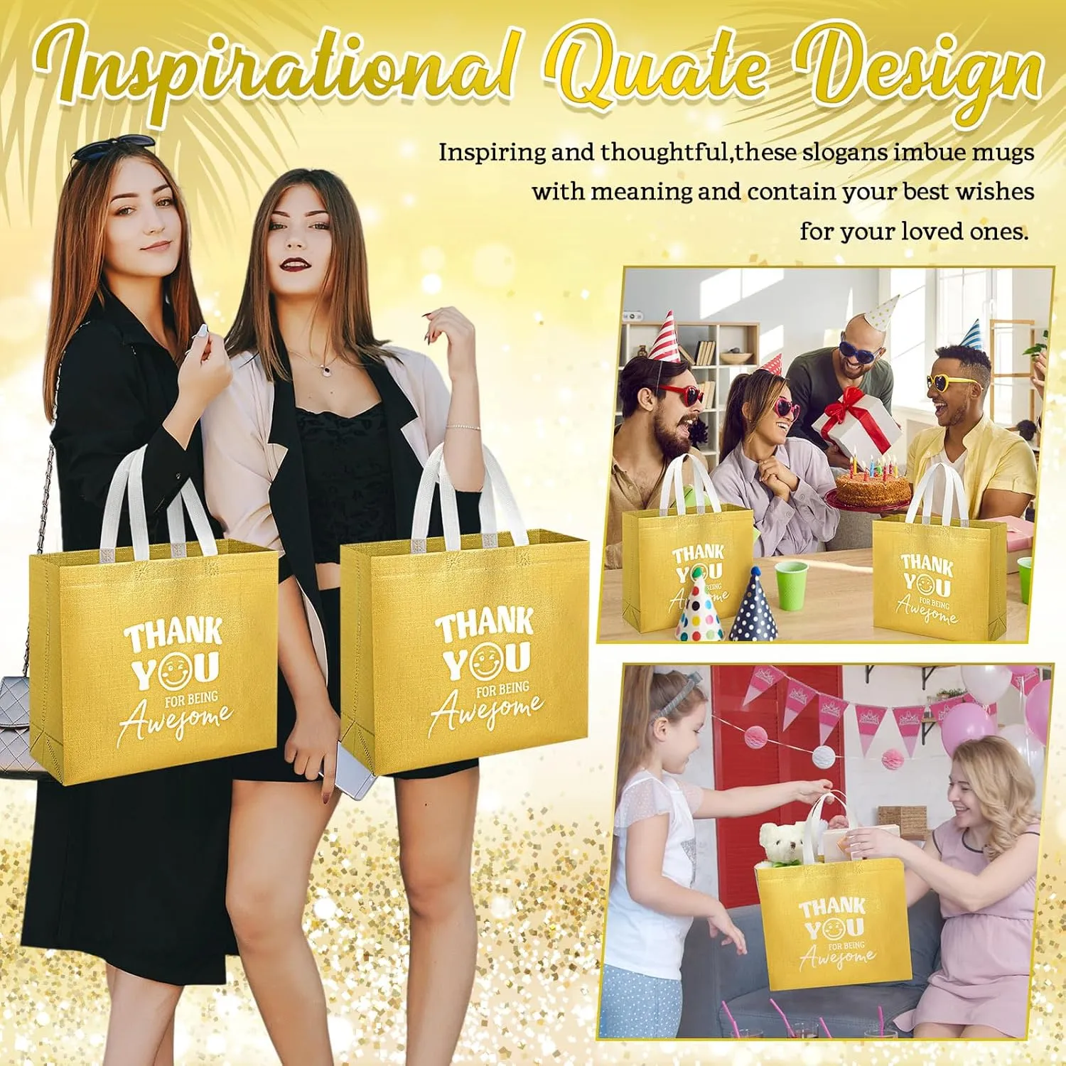 Kolldenn 24 Pcs Employee Appreciation Gift Bags 12.6 x 11 x 4.7'' Thank You Gift Bag with Handle Thank You Party Favor for Staff Coworker Graduate Colleague Mother Teacher Volunteer Retiree(Gold)