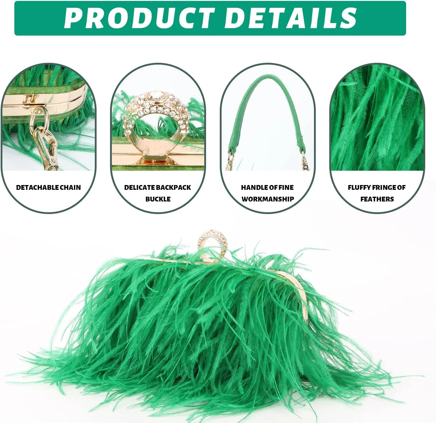 KUANG! Real Natural Ostrich Feather Clutch Evening Bag Fashion Handbag Purse for Banquet Party