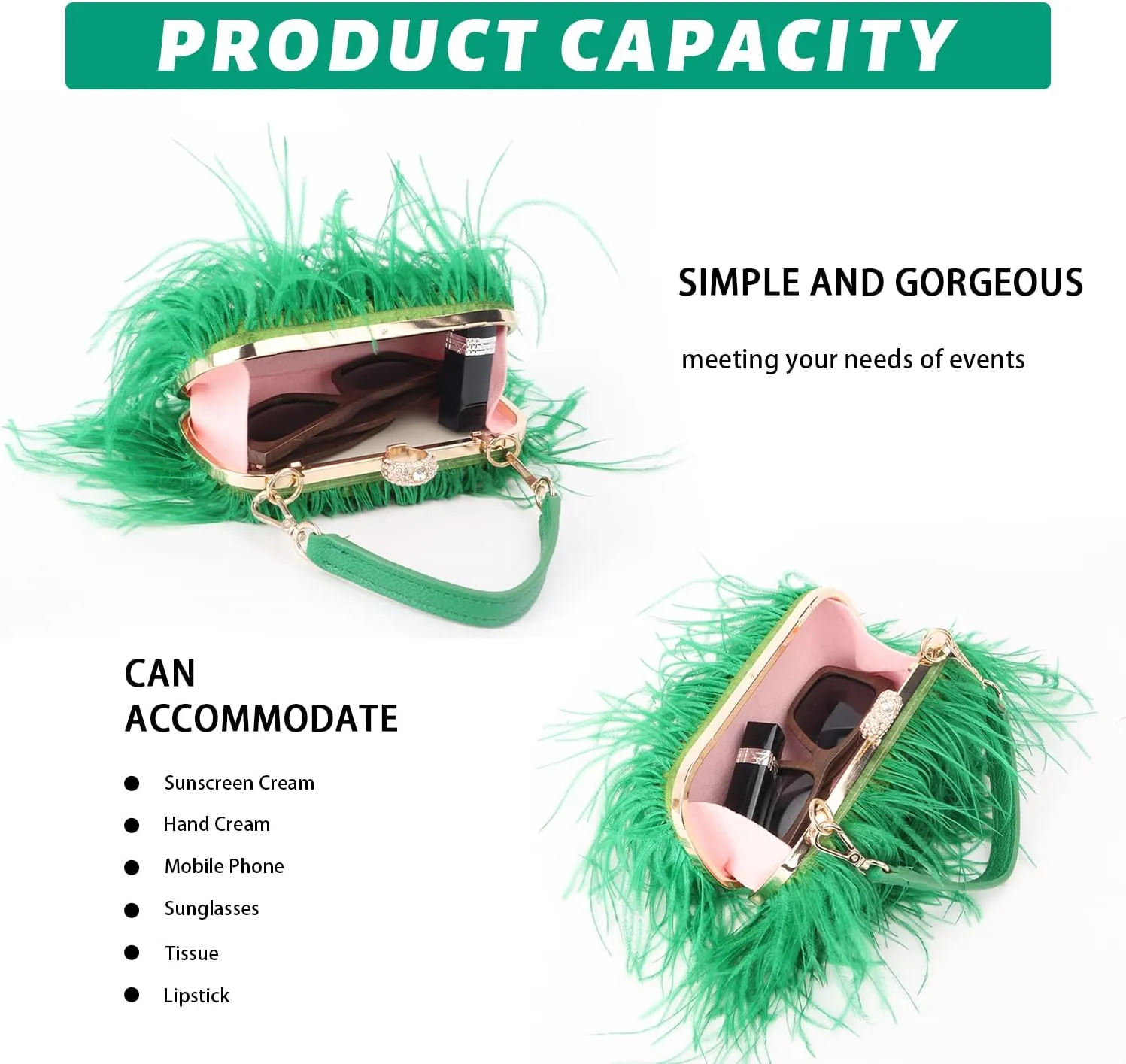 KUANG! Real Natural Ostrich Feather Clutch Evening Bag Fashion Handbag Purse for Banquet Party