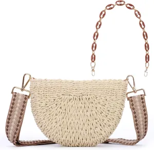 KUANG! Semicircle Handmade Woven Shoulder Bag for Women Summer Straw Beach Purse Crossbody Handbag Woven with Chain Strap