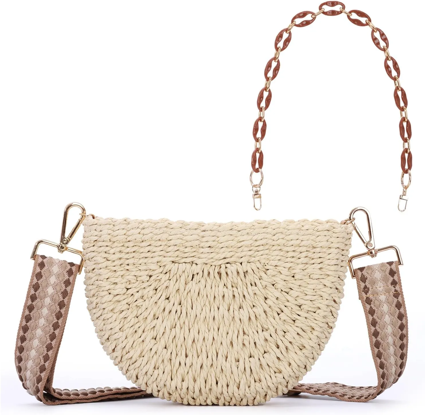 KUANG! Semicircle Handmade Woven Shoulder Bag for Women Summer Straw Beach Purse Crossbody Handbag Woven with Chain Strap