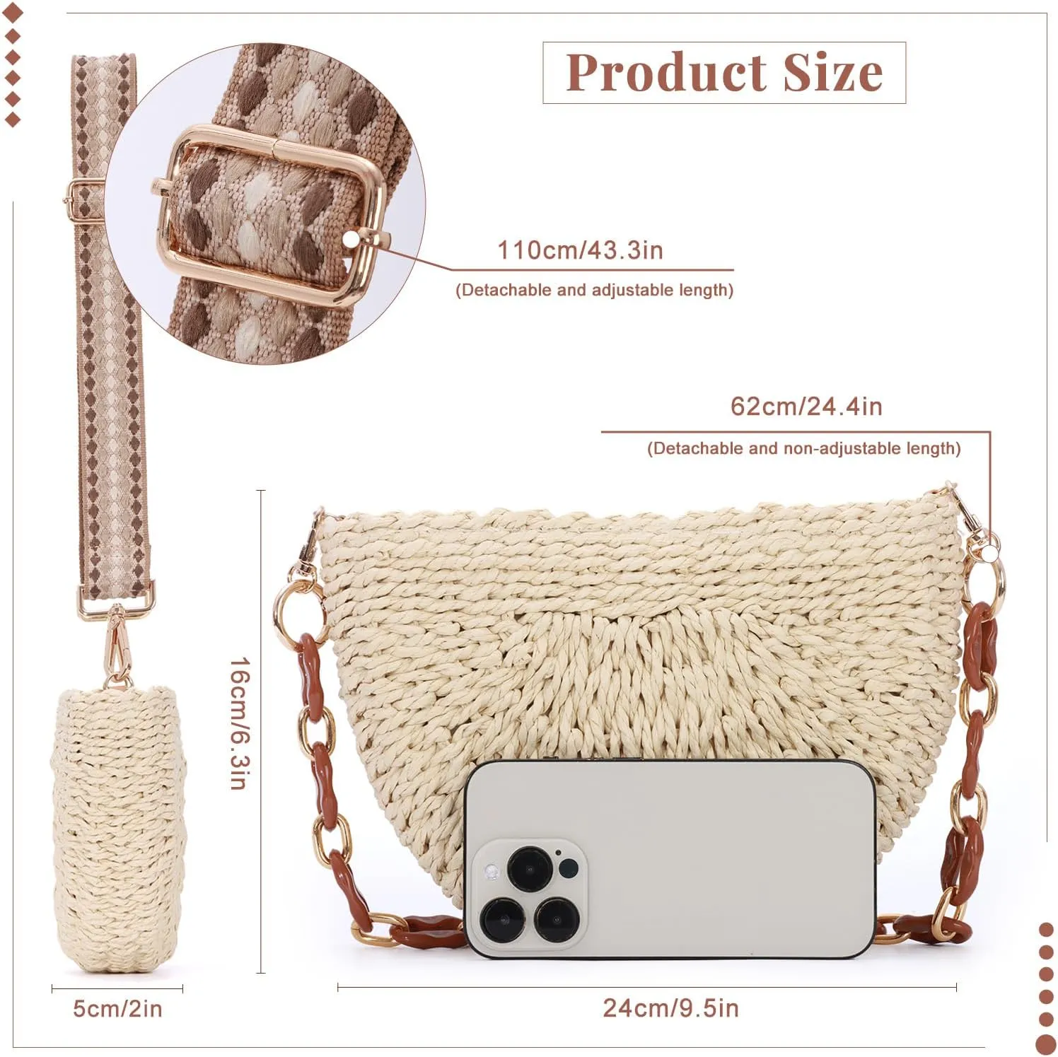 KUANG! Semicircle Handmade Woven Shoulder Bag for Women Summer Straw Beach Purse Crossbody Handbag Woven with Chain Strap