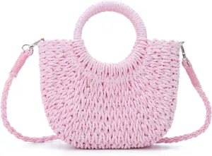 KUANG! Women Straw Beach Tote Handbag Hobo Bag Round Handle Summer Handwoven Bags Small Purse with Strap
