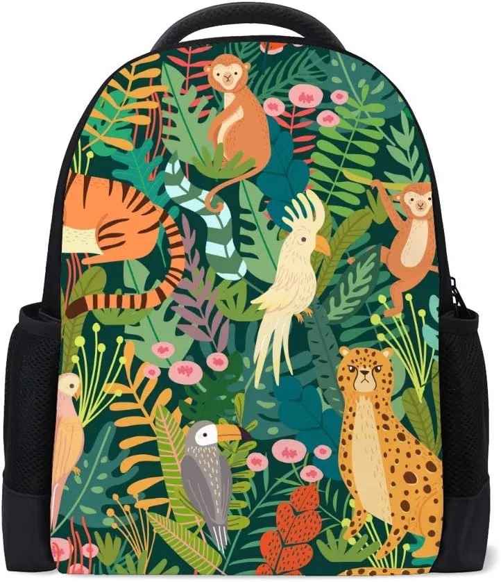Kuizee Backpack Daypack Tropical Bird Tiger Monkey Jungle Exotic Animals Casual Bags Durable Polyester College School Travel 11×16Inch