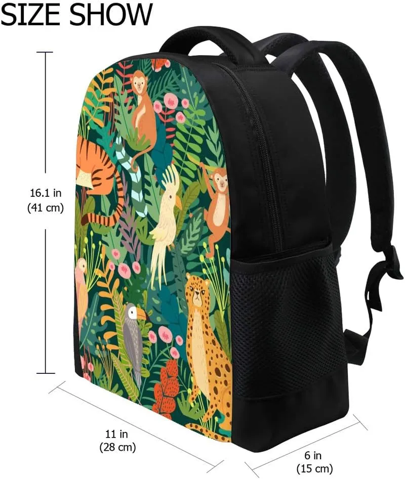 Kuizee Backpack Daypack Tropical Bird Tiger Monkey Jungle Exotic Animals Casual Bags Durable Polyester College School Travel 11×16Inch