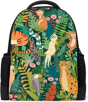Kuizee Backpack Daypack Tropical Bird Tiger Monkey Jungle Exotic Animals Casual Bags Durable Polyester College School Travel 11×16Inch