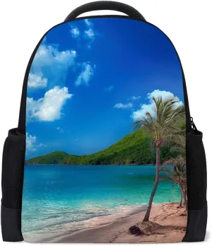 Kuizee School Bag Backpack Daypack ﻿Tropical Beach Blue Sea Exotic Island Book Bag Casual Bags Durable College School Travel Daily 16Inch