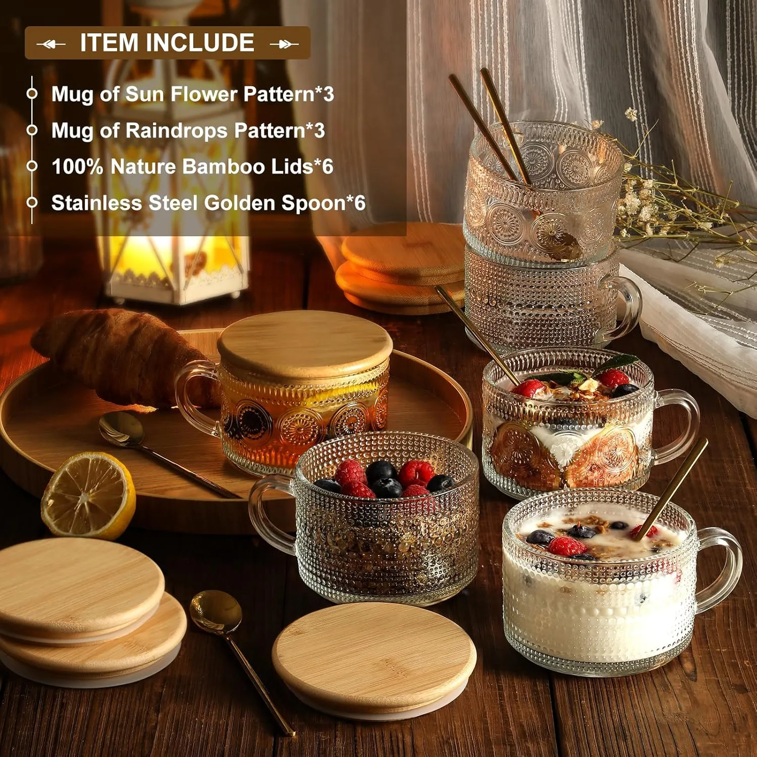 LANDNEOO 6 Pack 14oz Vintage Glass Coffee Mugs with Bamboo Lids and Spoons, Green Embossed Drinking Glasses for Iced Coffee, Tea, Latte