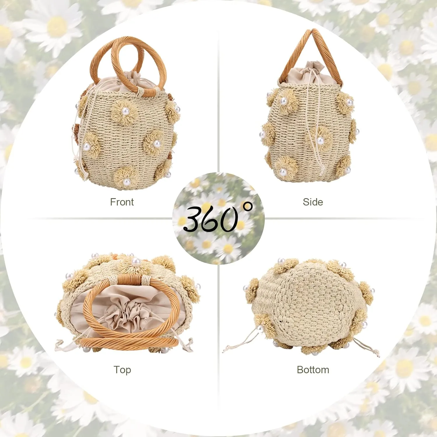 Lanpet Straw Beach Bag for Women Summer Drawstring Woven Tote Bag Flower Pearls Bucket Handbags