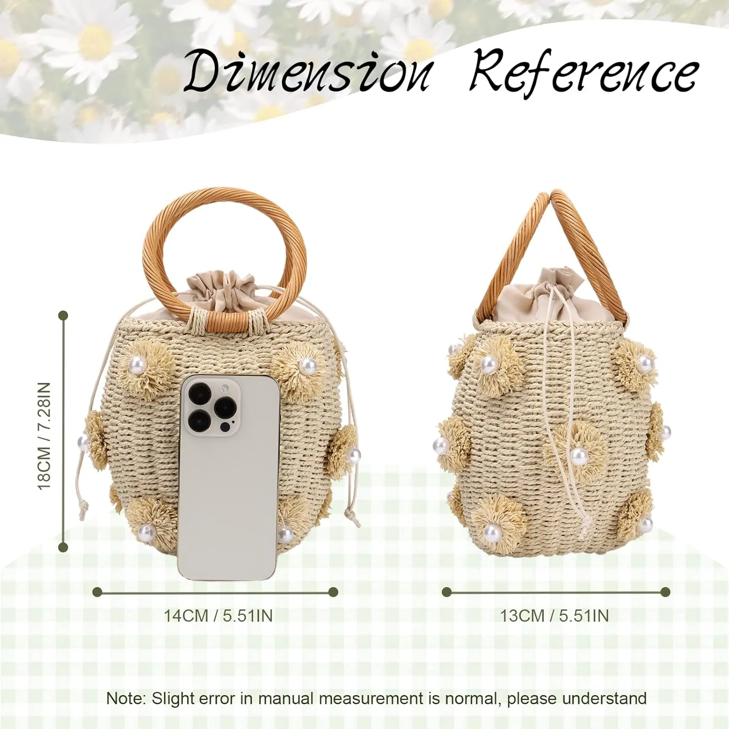 Lanpet Straw Beach Bag for Women Summer Drawstring Woven Tote Bag Flower Pearls Bucket Handbags