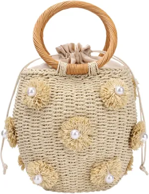 Lanpet Straw Beach Bag for Women Summer Drawstring Woven Tote Bag Flower Pearls Bucket Handbags