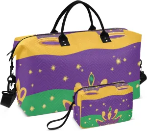 Large Bag Carry On Personal Item Bag Gym Duffel Bag with Toiletry Bag for Airplane Traveling Multifunctional Mardi Gras Carnival Crowns Tie Feather