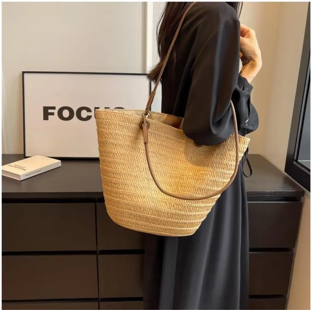Large capacity Bag Colorful and Simple Straw Bucket - shaped Handbag: Enjoy Leisurely Outing Time Ladies shoulder Bag