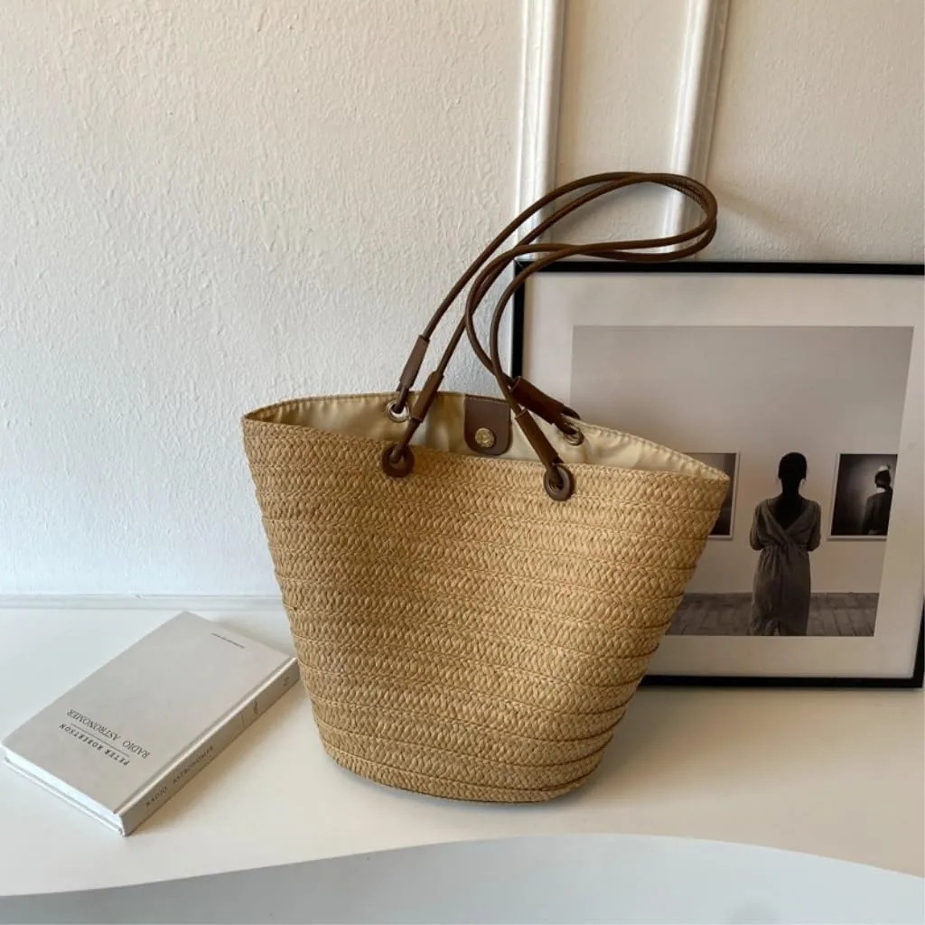 Large capacity Bag Colorful and Simple Straw Bucket - shaped Handbag: Enjoy Leisurely Outing Time Ladies shoulder Bag