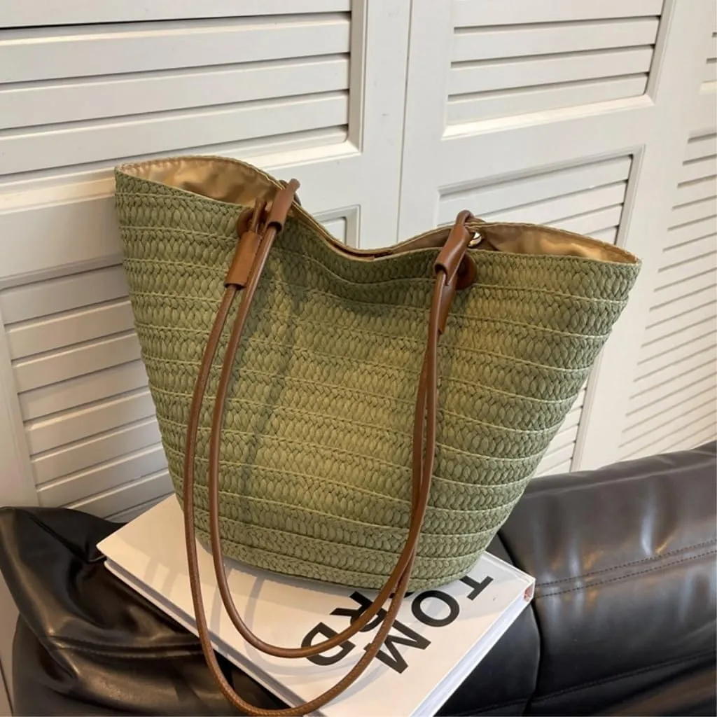 Large capacity Bag Colorful and Simple Straw Bucket - shaped Handbag: Enjoy Leisurely Outing Time Ladies shoulder Bag