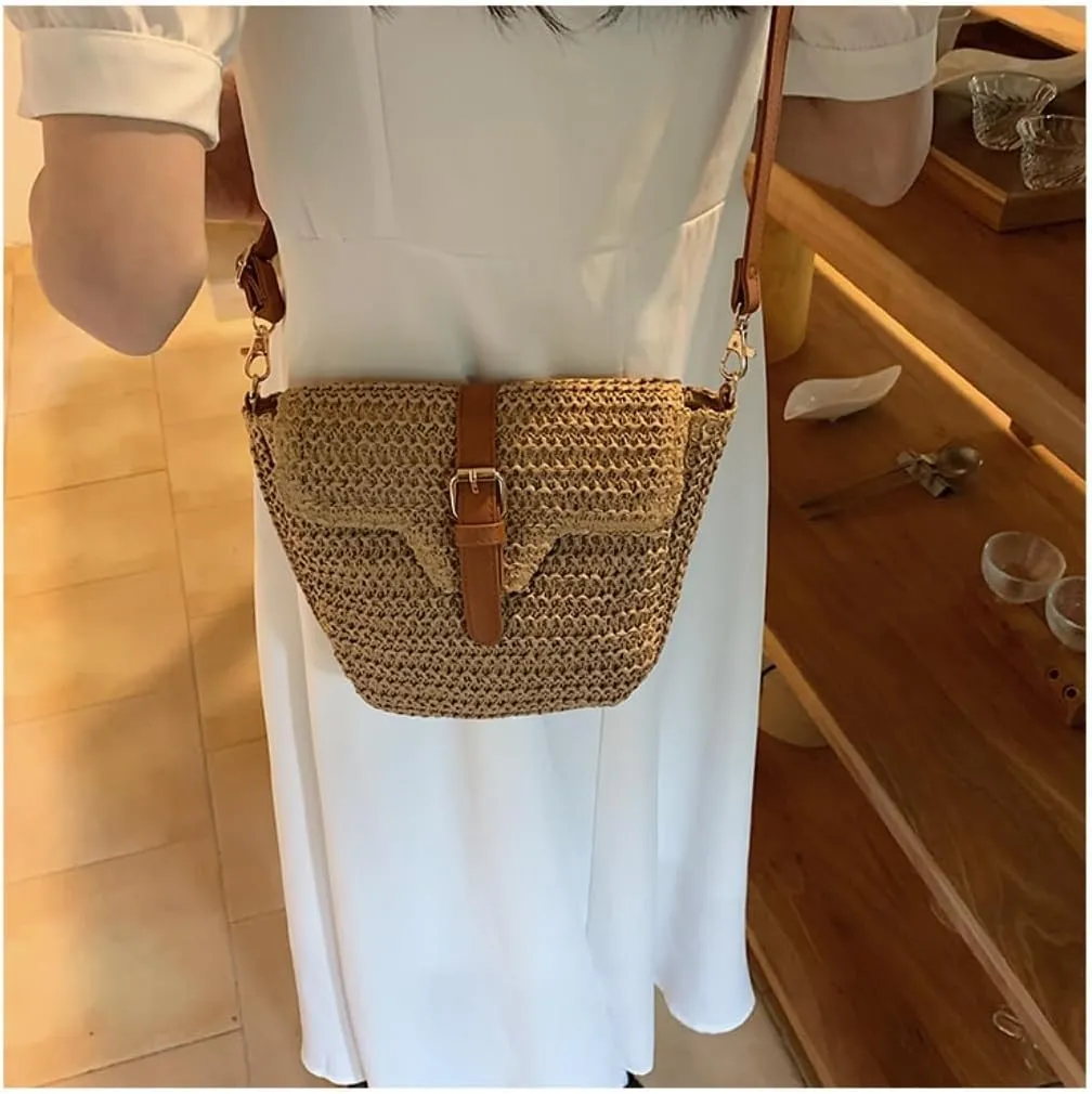 Large capacity Bag Simple Straw and Leather Crossbody Bag, A Stylish Choice for Outings Ladies shoulder Bag(Brown)