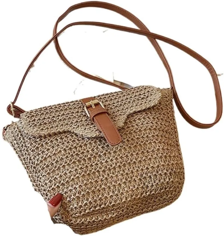 Large capacity Bag Simple Straw and Leather Crossbody Bag, A Stylish Choice for Outings Ladies shoulder Bag(Brown)